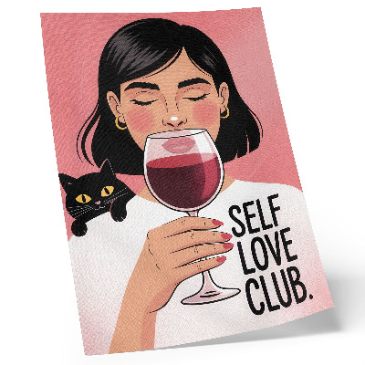 Poster în culori saturate Femeie cu vin și pisică în stil ilustrativ