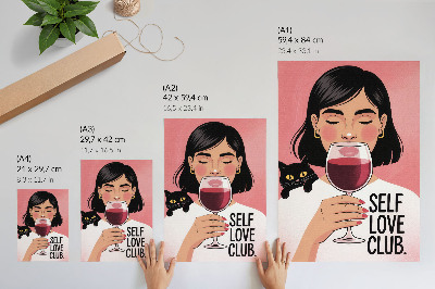 Poster în culori saturate Femeie cu vin și pisică în stil ilustrativ
