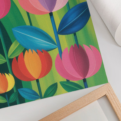 Grafică modernă pe pânză Flori geometrice colorate, frunze, fundal verde