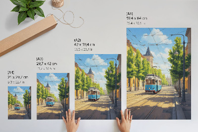 Poster în culori saturate Tramvai stradal însorit verde și albastru