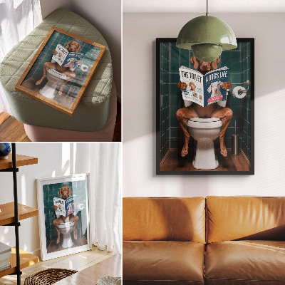 Poster în culori saturate Câine pe toaletă cu o revistă verde cu plăci