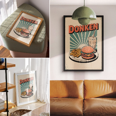 Grafică modernă pe pânză Burger și cartofi prăjiți cu fundal retro