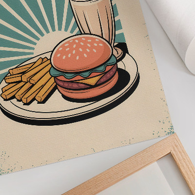 Grafică modernă pe pânză Burger și cartofi prăjiți cu fundal retro