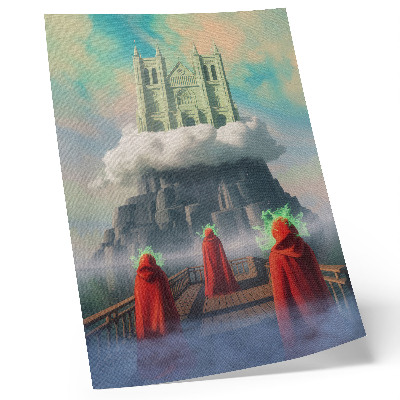Poster în culori saturate Castelul dintre nori, figuri în paltoane, suprarealism