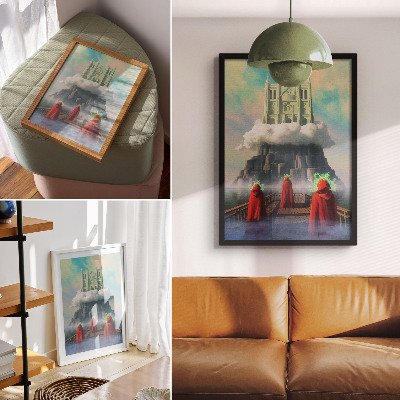 Poster în culori saturate Castelul dintre nori, figuri în paltoane, suprarealism