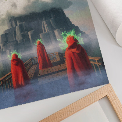 Poster în culori saturate Castelul dintre nori, figuri în paltoane, suprarealism