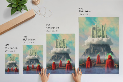 Poster în culori saturate Castelul dintre nori, figuri în paltoane, suprarealism