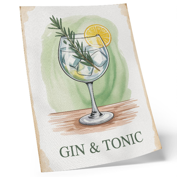 Grafică modernă pe pânză Un pahar de gin, rozmarin și lămâie pe un fundal verde