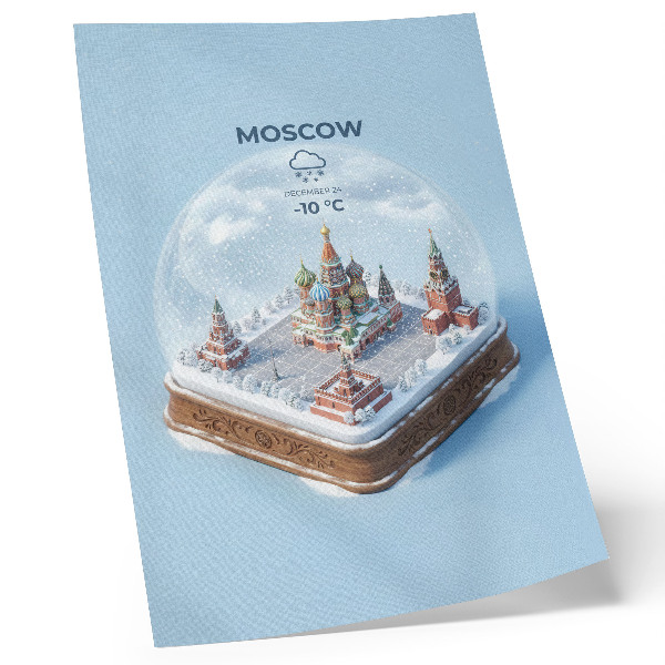 Poster în culori saturate Moscova în miniatură într-un glob de zăpadă de iarnă