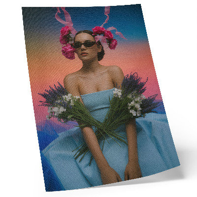 Poster în culori saturate Femeie cu flori pe fundalul unui apus de soare