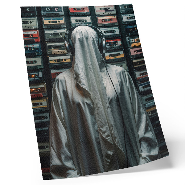 Poster în culori saturate O figură în alb în fața unui perete plin de casete audio