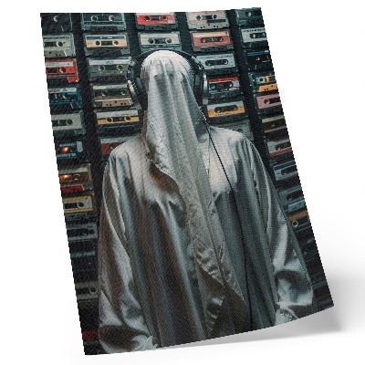 Poster în culori saturate O figură în alb în fața unui perete plin de casete audio
