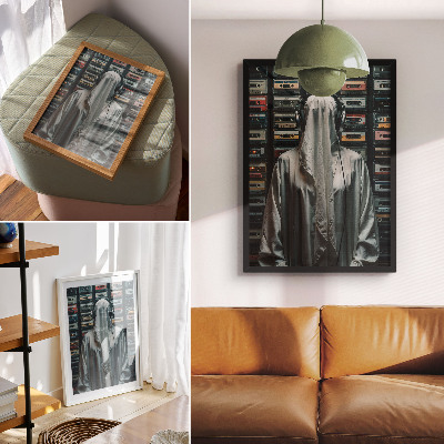 Poster în culori saturate O figură în alb în fața unui perete plin de casete audio