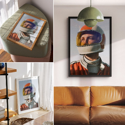 Poster în culori saturate O figură într-o cască spațială, atmosferă futuristă