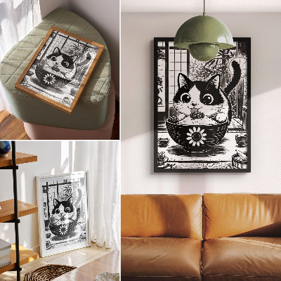 Poster în culori saturate Pisică într-un bol cu ​​orez, stil comic, stil oriental
