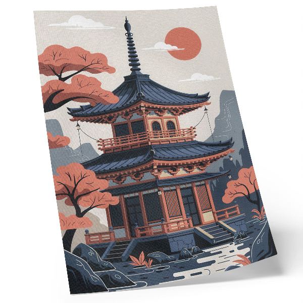 Grafică modernă pe pânză Templu japonez în culori pastelate, copaci, munți, pace