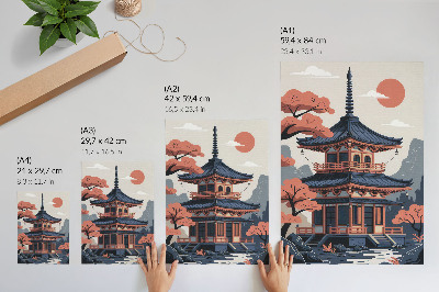 Grafică modernă pe pânză Templu japonez în culori pastelate, copaci, munți, pace