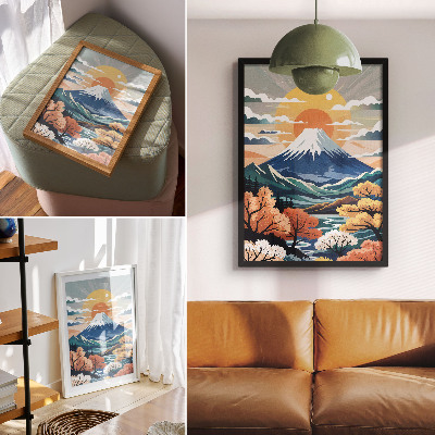 Poster în culori saturate Munți acoperiți de zăpadă, pădure colorată, apus de soare