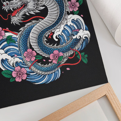 Grafică modernă pe pânză Un dragon printre flori și valuri, o compoziție dinamică