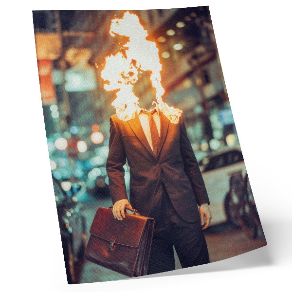 Poster în culori saturate Bărbat elegant cu capul în flăcări în oraș