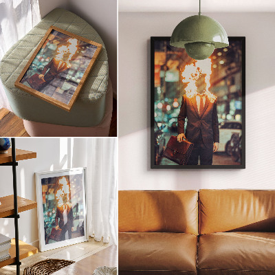 Poster în culori saturate Bărbat elegant cu capul în flăcări în oraș