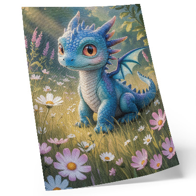 Grafică modernă pe pânză Un dragon albastru elegant printre flori