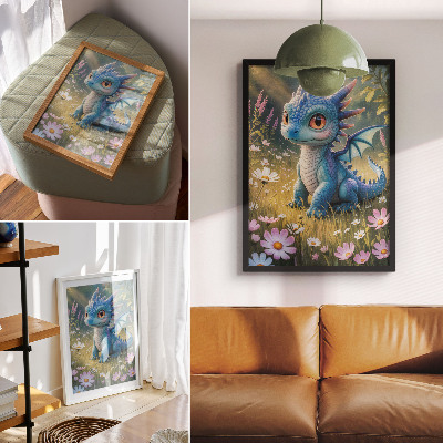 Grafică modernă pe pânză Un dragon albastru elegant printre flori
