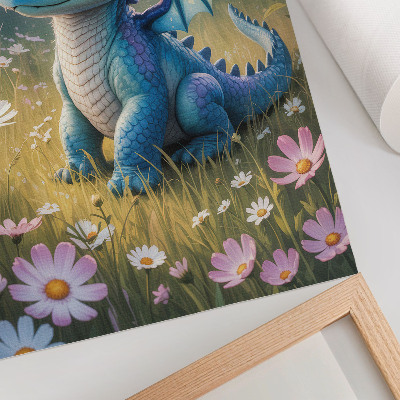 Grafică modernă pe pânză Un dragon albastru elegant printre flori