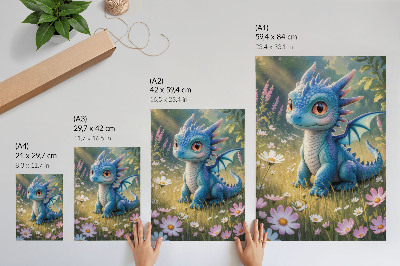 Grafică modernă pe pânză Un dragon albastru elegant printre flori