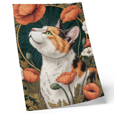 Grafică modernă pe pânză Pisică printre maci, stil ilustrativ, natură