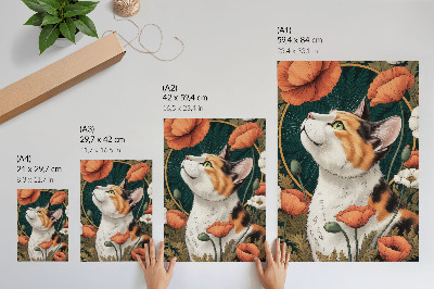 Grafică modernă pe pânză Pisică printre maci, stil ilustrativ, natură