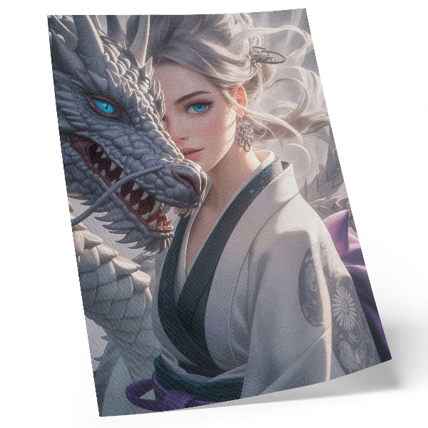 Poster în culori saturate Detalii delicate ale dragonului cu păr argintiu