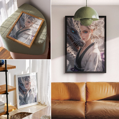 Poster în culori saturate Detalii delicate ale dragonului cu păr argintiu