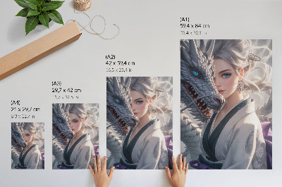 Poster în culori saturate Detalii delicate ale dragonului cu păr argintiu