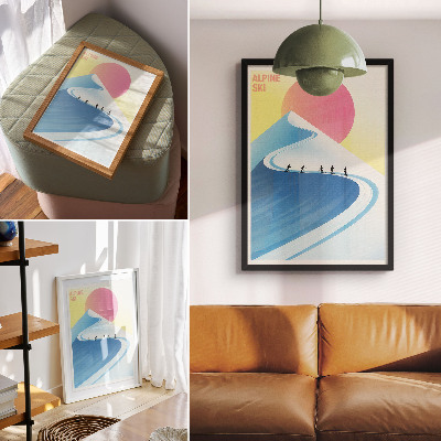Poster în culori saturate O scenă minimalistă cu schiori și cer
