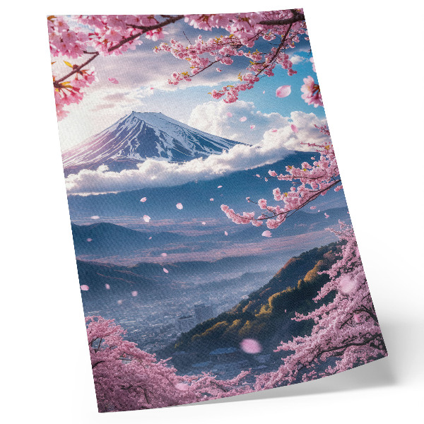 Poster rezistent pentru perete Munți și copaci sakura înfloriți cu un cer roz