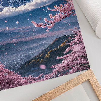 Poster rezistent pentru perete Munți și copaci sakura înfloriți cu un cer roz