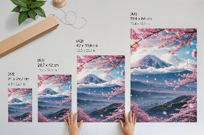 Poster rezistent pentru perete Munți și copaci sakura înfloriți cu un cer roz