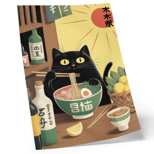 Poster rezistent pentru perete Pisică cu ramen și lămâi, temă japoneză, atmosferă atemporală