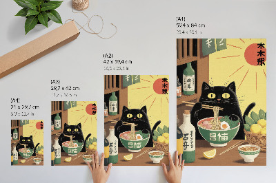 Poster rezistent pentru perete Pisică cu ramen și lămâi, temă japoneză, atmosferă atemporală