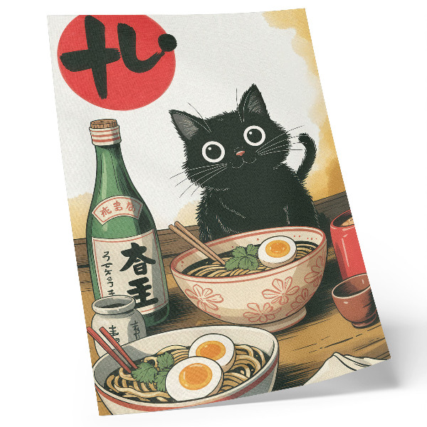 Poster în culori saturate Sticlă de sake ramen cu pisică neagră, motiv japonez