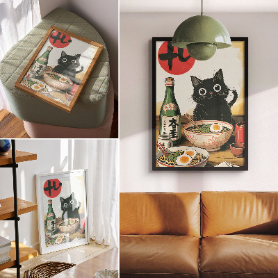 Poster în culori saturate Sticlă de sake ramen cu pisică neagră, motiv japonez