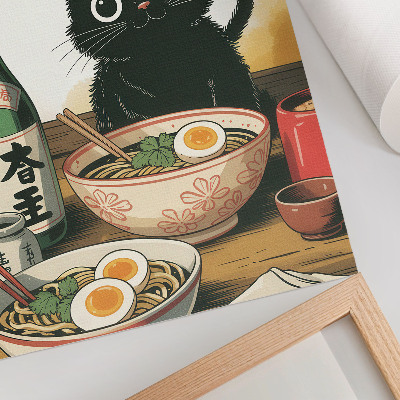 Poster în culori saturate Sticlă de sake ramen cu pisică neagră, motiv japonez