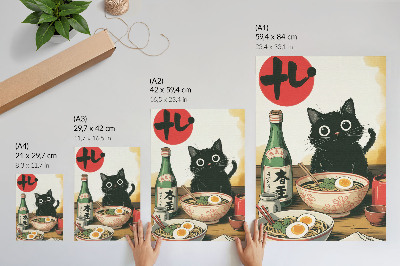 Poster în culori saturate Sticlă de sake ramen cu pisică neagră, motiv japonez