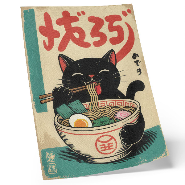 Grafică modernă pe pânză Inspirații retro japoneze cu bol de ramen Black Cat
