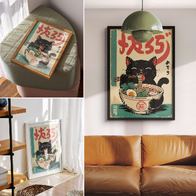 Grafică modernă pe pânză Inspirații retro japoneze cu bol de ramen Black Cat
