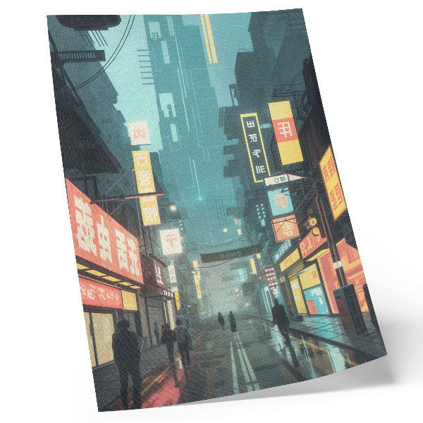 Poster în culori saturate Scenă nocturnă urbană cu stil retro-futurist și lumini neon
