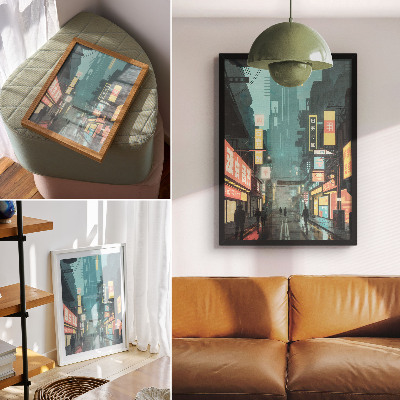 Poster în culori saturate Scenă nocturnă urbană cu stil retro-futurist și lumini neon