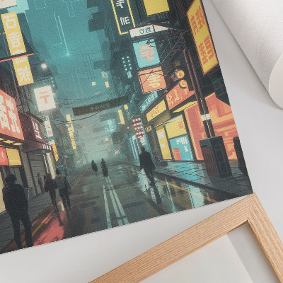 Poster în culori saturate Scenă nocturnă urbană cu stil retro-futurist și lumini neon