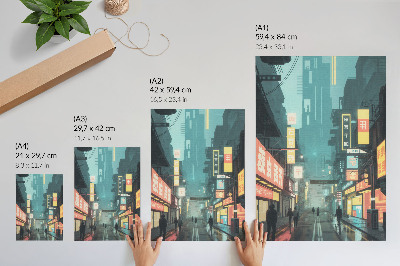 Poster în culori saturate Scenă nocturnă urbană cu stil retro-futurist și lumini neon
